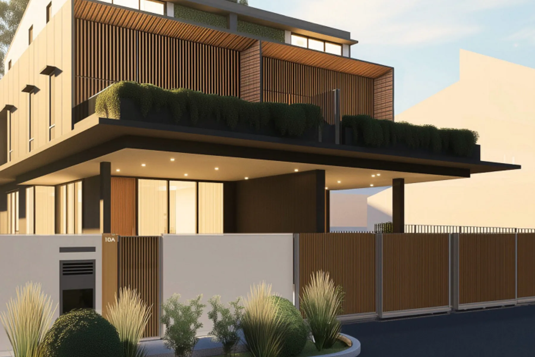 Street elevation of a freehold detached home with a timber screen
