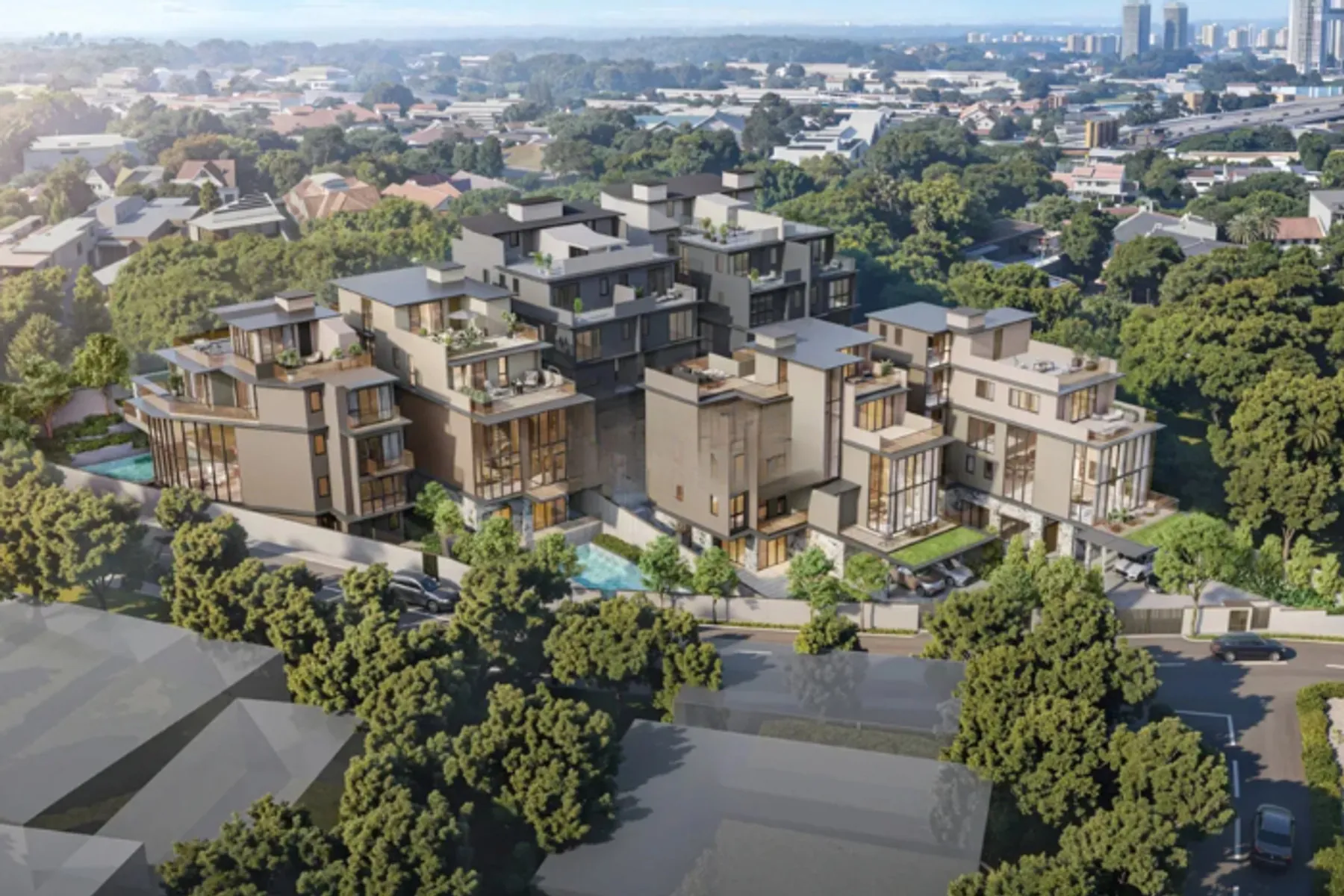 Aerial view of a Singapore landed estate with the city skyline behind